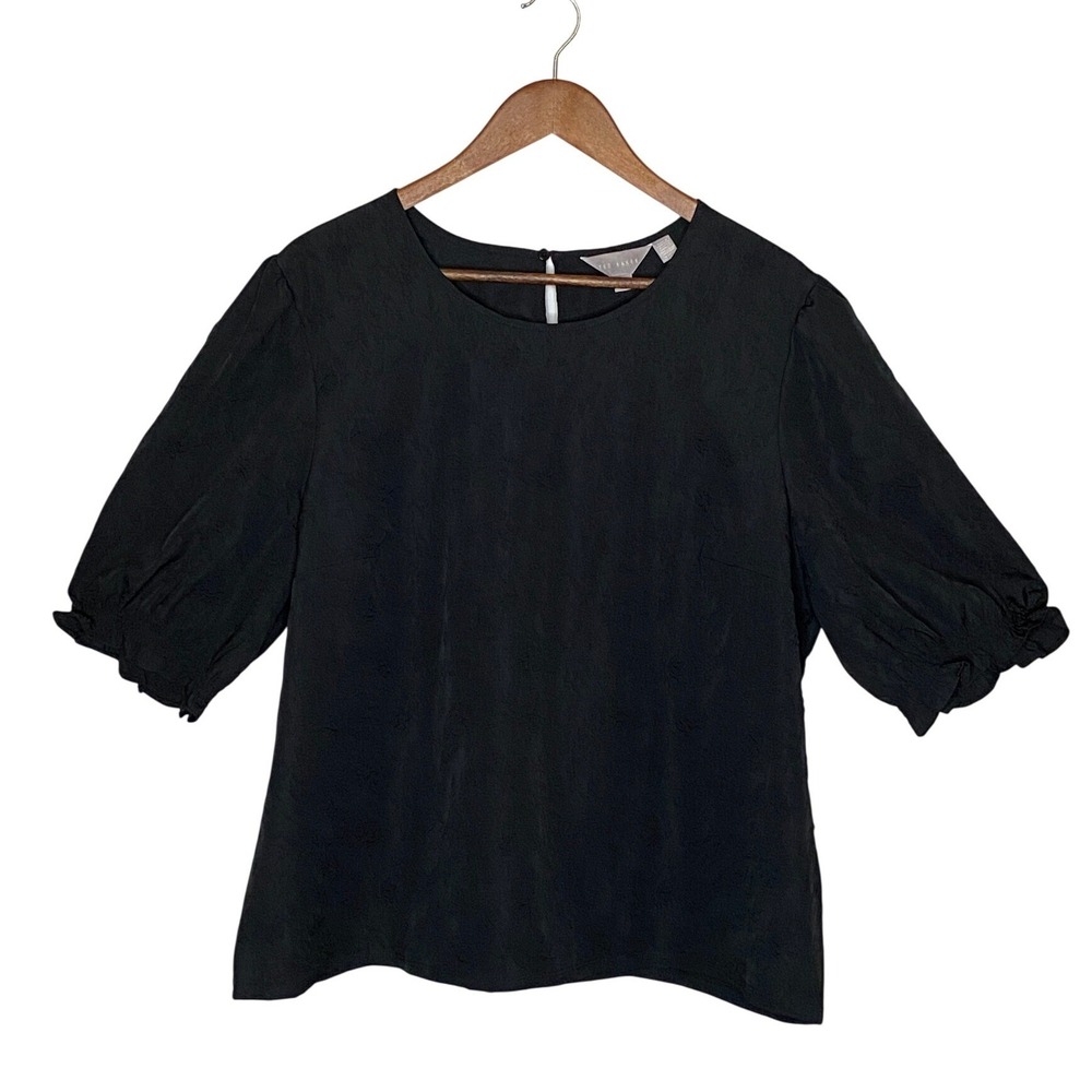 Ted Baker Womens Jacquard Puff Sleeve Blouse Size XXL Black Textured Minimalist
